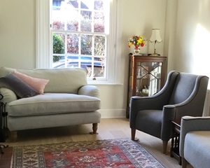 Customer Image: Alwinton Snuggler in Tough As Houses Silver & Sennen Chair in Colefax & Fowler Milne Old Blue