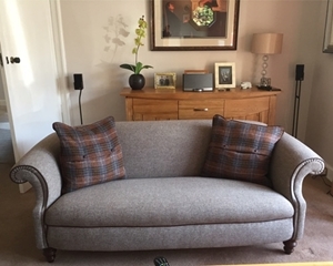 Customer Photo: Ronaldsay 3 Seater Sofa in Heather Harris Tweed with Old Bard Leather Piping