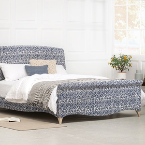 As Seen in Our Brochure 2022: Arles King Size Bed in Indigo & Wills Pomegranate Epic.