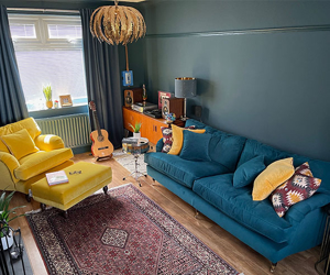 Customer Photos: Alwinton 4 Seater Split Sofa in Cameron Velvet Mallard & Chair & Stool in Omega Velvet Canary