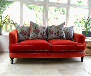 Customer Photos: Helmsley 3 Seater Sofa in Linwood Carnelian with Piping & Scatters in Aubriet LIno Damson